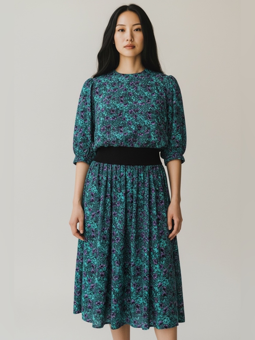Floral Teal Puff-Sleeve Midi Dress with Black Waistband